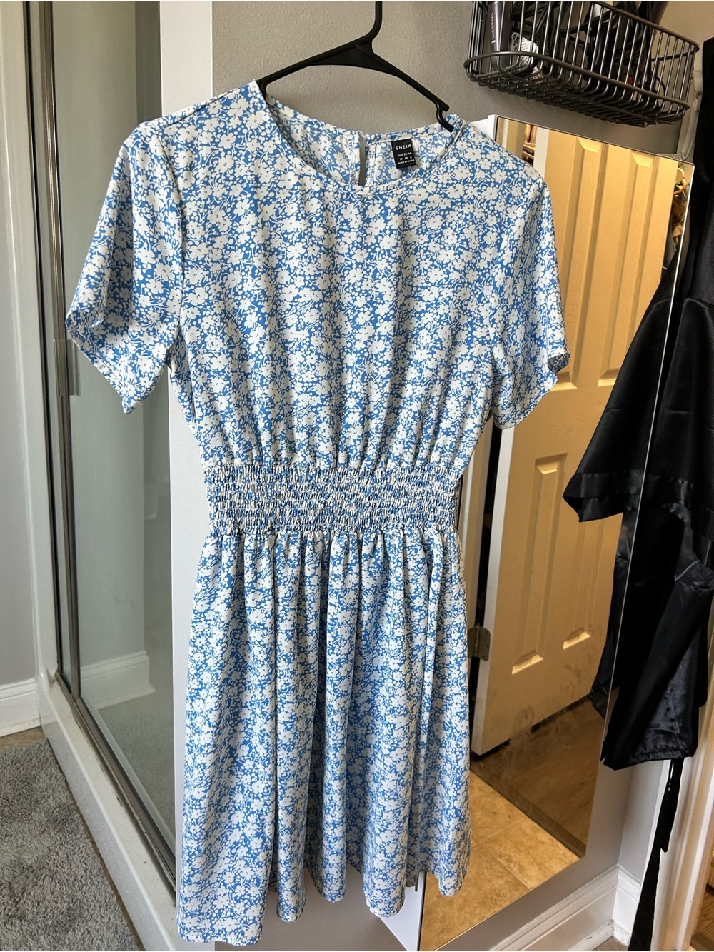 SHEIN Blue and White Mini Floral Smocked Waist Dress